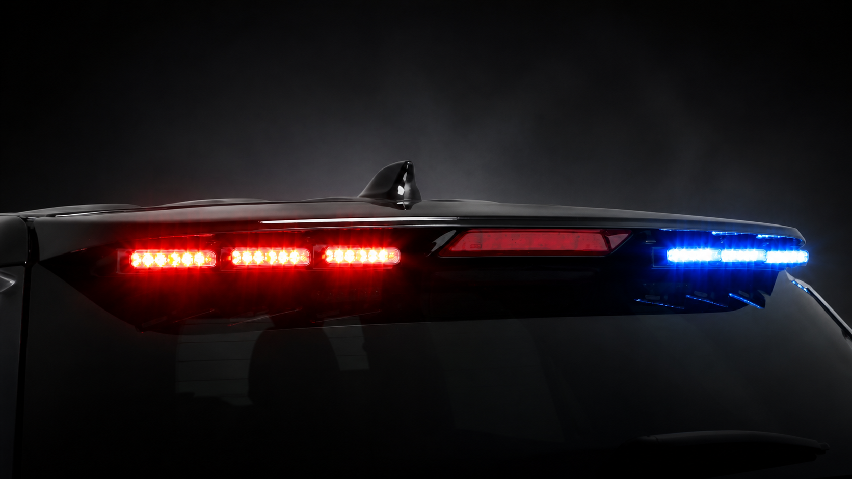 Red and blue rear warning lights on a patrol vehicle